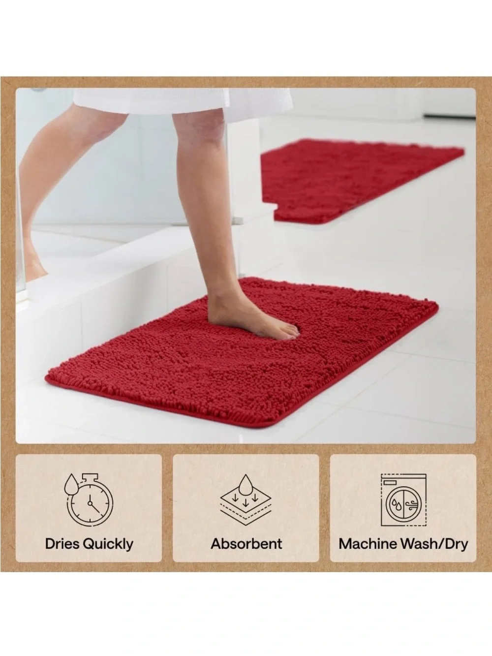 Gorilla Grip Red Chenille Bath Rug - Soft Non-Slip Bath Mat (30x20)